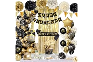 QGKFFOB Geburtstagsdeko Schwarz Gold Party Deko Geburtstag Set mit Happy Birthday Banner Konfetti Luftballons Geburtstag Schärpe Lametta Vorhänge Pompons für Mann Frauen