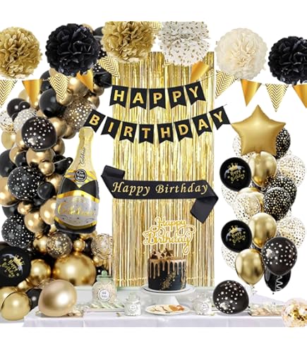 Black Gold Birthday Decorations, Happy Birthday Decorations With Banner, Honeycomb Balls, Stars Hanging Swirls, Paper Tassel Garland