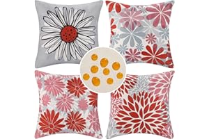 DAKTOU Funda de Almohada 45x45 CM Gris y Rojo Margarita Flores Patrón Juego de 4 Fundas para Cojines de Exterior Impermeable Funda Cojin Decorativo para Sofas Cama Salon Hogar Jardin Bancos