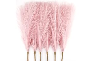 HILEYU 6 Pcs Artificial Pampas Grass Plant,43-45cm Faux Dried Pampas Grass Flower Fake Flower Fluffy Reed Bouquet Reed Grass Decor Dried Flower Arrangements for Wedding Holiday Party Boho Home Decor Pink