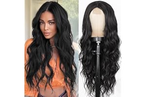 PORSMEER Parrucche naturale wavy lunghi lace wig neri per donna Capelli resistenti al calore per la festa quotidiana 26"