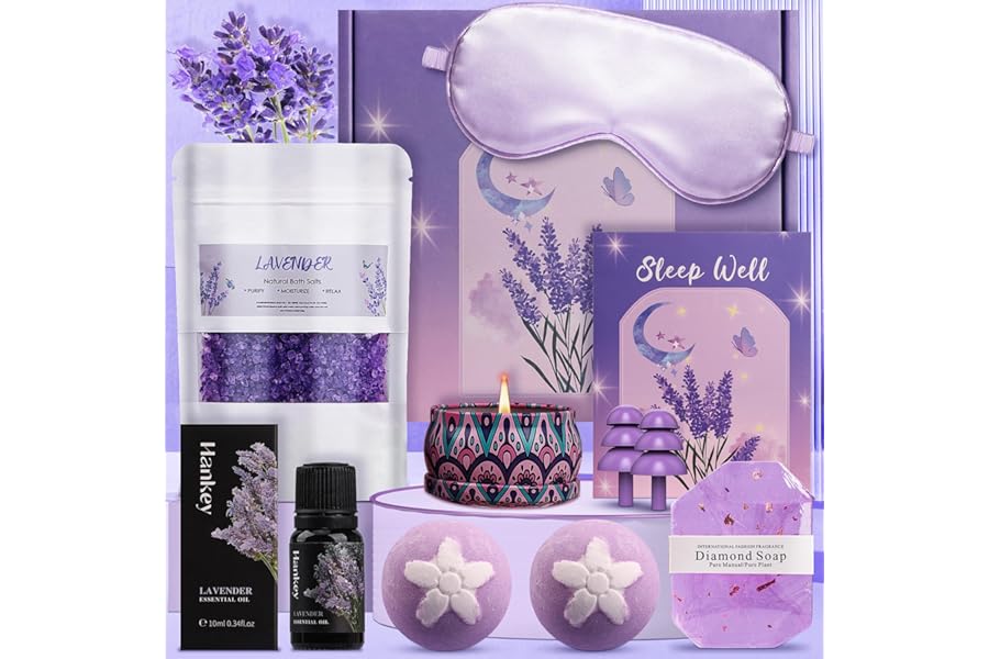Pearshek Lavender Pamper Gift Set for Women - Luxury Relaxation Spa Hamper for Her, Unique Birthday Gifts, Self Care Box with Essential Oils, Ideal for Mum, Sister, Mother's Day & Get Well Soon