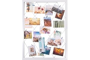 KaMel GmbH Fotohalter mit Klammern und Deko-Bilder, moderner Bilderrahmen mit Leine, Fotorahmen aus MDF-Holzrahmen, auch ideal als Pinnwand, Memohalter, Collage nutzbar (weiß, ca. 55 x 75 cm)