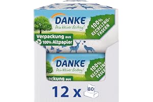 DANKE Näsdukar i rektangulär låda, 4-lagers – 12 lådor, 80 dukar per låda – pappersnäsdukar tillverkade av 100% återvunnet papper, miljövänlig, dermatologiskt testad