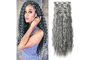 Cybelleza Przedłużki do włosów z klipsem, długie, kręcone, falowane, 6 szt., 50 cm, włókno syntetyczne dla kobiet, czarna mieszanka blondów, 6 szt