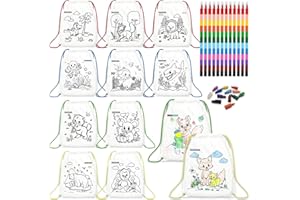 HahaMagic 12 Färbbare Beutel mit Kordelzug für Kinder mit 12 Stapelbare Wachsmalstifte (12 Farben in 1), perfekt als Stoffbeutel zum Bemalen Kindergeburtstag, Bastelset und Mitgebsel Kindergeburtstag