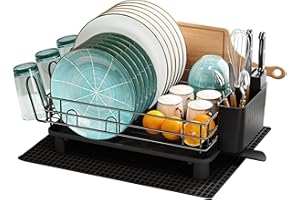 MAJALiS Egoutoire Vaisselle Cuisine, INOX Égouttoir Vaisselle avec Porte-Gobelets et Porte-Ustensiles, Noir Séchoir à Vaisselle Rangement Vaisselle avec Vidange Automatique et Tapis de Séchage