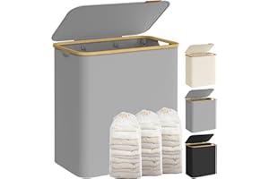 SONGMICS Laundry Basket with Lid, 3-Section Large Laundry Hamper, 150L, Removable Mesh Liner, Oxford Fabric, Bamboo Handles, Collapsible, 60 x 38.5 x 70.5 cm, Dove Grey LCB515G01