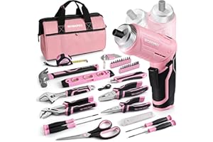 WORKPRO 53-częściowy zestaw narzędzi różowy z wkrętarką akumulatorową, mała, różowa, torba na narzędzia wypełniona poziomnicą, szczypcami do pomp wodnych, prezent dla matki, pomoc domowa