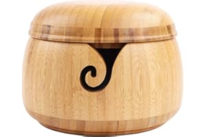 CDJX Cuenco de hilo de bambú,16 x 11cm cuenco de lana hecho a mano para tejer con orificios de tapa extraíbles, accesorios de almacenamiento de ganchillo con bordado natural para manualidades