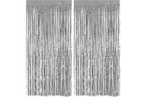 Alaoo Rideau Métallique,2 pièces 1m x 2m Scintillants Argent Franges en Aluminium,Facile à Installer,Rideaux Franges Tinsel Fond pour Fête, Photo, Décoration,Mariage,Anniversaire