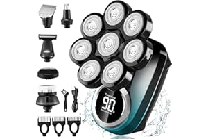 Lovcoyo Rasoio Elettrico Barba 6 in 1 Rasoio Testa Calva 8D, Impermeabile IPX7, Rasoio Elettrico Capelli con Display LED e Detergente Barba e Viso, Kit Rasoio Capelli Uomo（Blu）