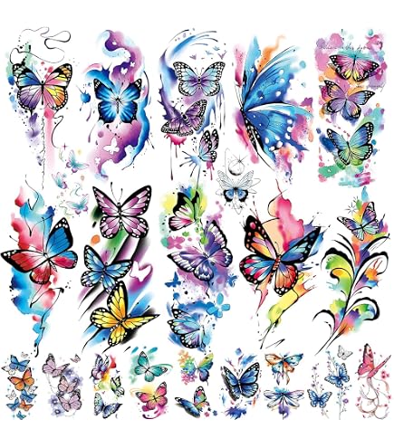 Tatouage Temporaire Papillon - Flash Jetable à Coller - Multicolore (bleu, Jaune, Violet, Noir, Orange, Blanc) - Étanche - Pour Fête Ou Cadeau