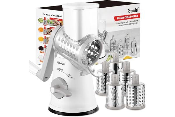Geedel Râpe à Fromage, Rapeuse Fromage avec 5 Lames de Tambour, Coupe Legume Râpe Cuisine pour Une Coupe Plus Facile, Trancheuse à Légumes pour Le Fromage, Le Concombre, la Carotte, Les Noix (Blanc)