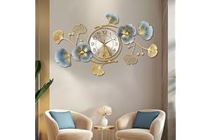 Lafocuse 83,82x48,26 cm metalowy unikalny luksusowy zegar ścienny z liśćmi ginkgo zasilan z baterii, cichy nowoczesny zegar ścienny w stylu art deco, duży niebieski i złoty zegar ścienny, dekoracja