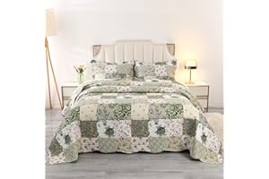 Qucover Juego de Colcha Cama 180 Ultrasónica, Colcha Verde Estampada 230x260cm, Cubrecama Patchwork Microfibra con 2 Fundas de Almohada, Manta de Verano Cama 180 Superligera con Elegante Patrón Foral