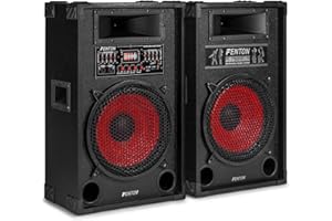 Fenton SPA-1200, PA Aktiv Lautsprecher, Party Boxen Set, Aktiv DJ Boxen, 1200 Watt 12 Zoll, Bluetooth, USB Port und SD Slot, PA Anlage, DJ Equipment, Lautsprecherset Schwarz