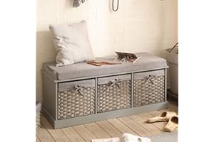 Home Source Malibu Hallway Shoe Storage Bench Wooden Chest Wicker Basket Cushion Padded Seat, Wood, Grey, 3 Drawer