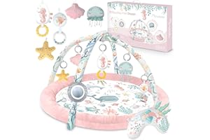 Nukido Tapis D'Éveil pour Enfant Bébé Tapis De Jeu avec Arches Amovibles 7 Jouets Multifonctionnels Coussin Mou Développement Sensoriel Coordination Oeil-Main Pilable Rose Ocean