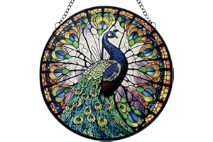 GIFTWAY Birds and Peacocks tained Glass Suncatcher Four Seasons Theme Colorful Leaves Window Wall Hanging Ornament Hand-Painted Glass Panel Decor Gift for Women Christmas Thanksgiving Gift (Peacock)