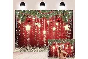 WANGRJ Roter Weihnachts-Hintergrund mit glitzernden Sternen und roten Ornamenten, Fotografie-Hintergrund für Silvester, Kinder, Erwachsene, Geburtstag, Party, Dekoration, Foto-Requisiten, 2,1 x 1,5 m