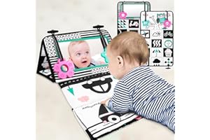 PROACC Sirecal Baby Tummy Time Mirror Flip Mirror for Baby Play Newborn Mirror Toy with Teether Black and White Sensory Toys Soft Cloth Book Developmental Gift for Infants Girls Boys 0-6 Months,Blue