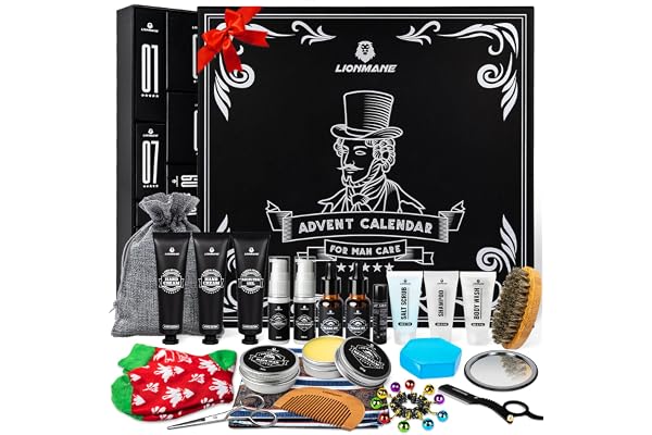 Calendrier de l'Avent 2025 Homme, Lionmane Kit Barbe, Coffret Cadeau de Noël 24pcs pour les Soins de Barbe, Cheveux, Visage et Corps, Kit de Soins de la peau pour Homme, Calendrier de l'avent Beauté