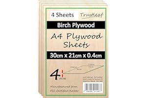 TRUSTLEAF 4mm Birch Plywood A4-300x210x 4mm - (Pack of 4) - Laserable Low Fume E1 Glue Ply...