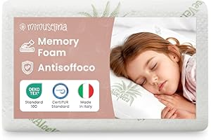 MIMUSELINA Cuscino Memory Foam Bambini 50x30x5,5 cm | Cuscino Antisoffoco Neonato in Schiuma Viscoelastica Traspirabile | Cuscini letto e Culla con Rivestimento Aloe Vera Sfoderabile e Lavabile
