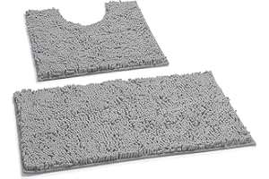 LuxUrux Bath Mat, Luxury Chenille (2-Piece) Bath Mat Set, Soft Plush Anti-Slip Bath Rug + Toilet Mat.1'' Microfiber Shaggy Carpet, Super Absorbent (Curved Set, Light Grey)