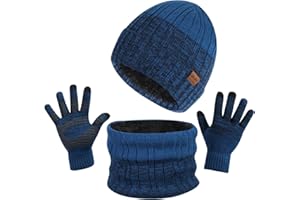 TAGVO 3in1 Winter Beanie Hut, Schal, Handschuhe Set,Ultraweiche elastische Verdickung Vlies Innenfutter Strick Beanie Cap Neck Warmer Warme Strickmützen, Mütze, Schal & Handschuh-Sets für Damen Herren