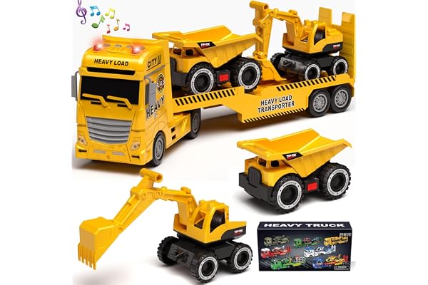 Tacobear Camion Construction Jouet Enfant Garçon Grand Véhicules Chantier avec Excavatrice Tombereau, Camion Transporteur Construction Jouet Cadeau pour Enfants Garçons 2-6 Ans