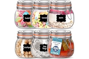 HEFTMAN Clip Top Glass Jars - Set of 6 500ml Airtight Glass Jars with Lids and Silicone Seal for Pasta, Sourdough Starter, Chutney, Pickling, Kitchen Organisation - Empty Food Storage Jar Set (6 Pack)