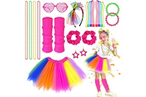 AOPIER 80s Costume Accessories Set for Girls, 21Pcs 1980s Fancy Dress Outfit with Tutu Skirt Fishnet Gloves Leg Warmers Bow Headband Necklace Bracelets Glasses for Kids 1980s Theme Party