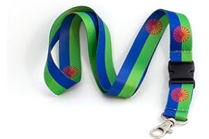 TARJA 73 Cuelgallaves para el cuello personalizado con la Bandera Gitana. Para teléfono, portaobjetos. Con llavero extraíble. Ideal tarjeta identificación. Cinta de tela profesional. Gipsy.