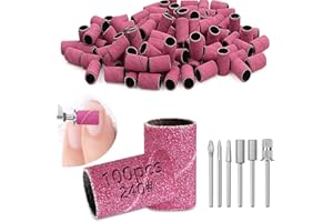 Ziamzra Bandas de Lijado de Uñas 240 Grano Fresas Torno para Uñas Set 100 Piezas Mangas Abrasivas con 6 Piezas Brocas para Uñas Rosa Accesorios de Manicura y Pedicura para Lijar Pulir Uñas Acrílicas