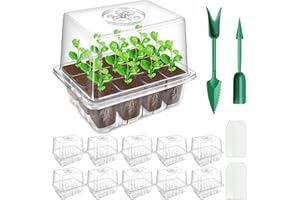 YAUNGEL Bandeja de Germinación de Semillas, 10 Pcs 120 Celulas Mini Invernadero Bandejas de Cultivo Germinación con 2 Herramientas de Jardinería para Cultivo de Semillas y Plantas, Transparente