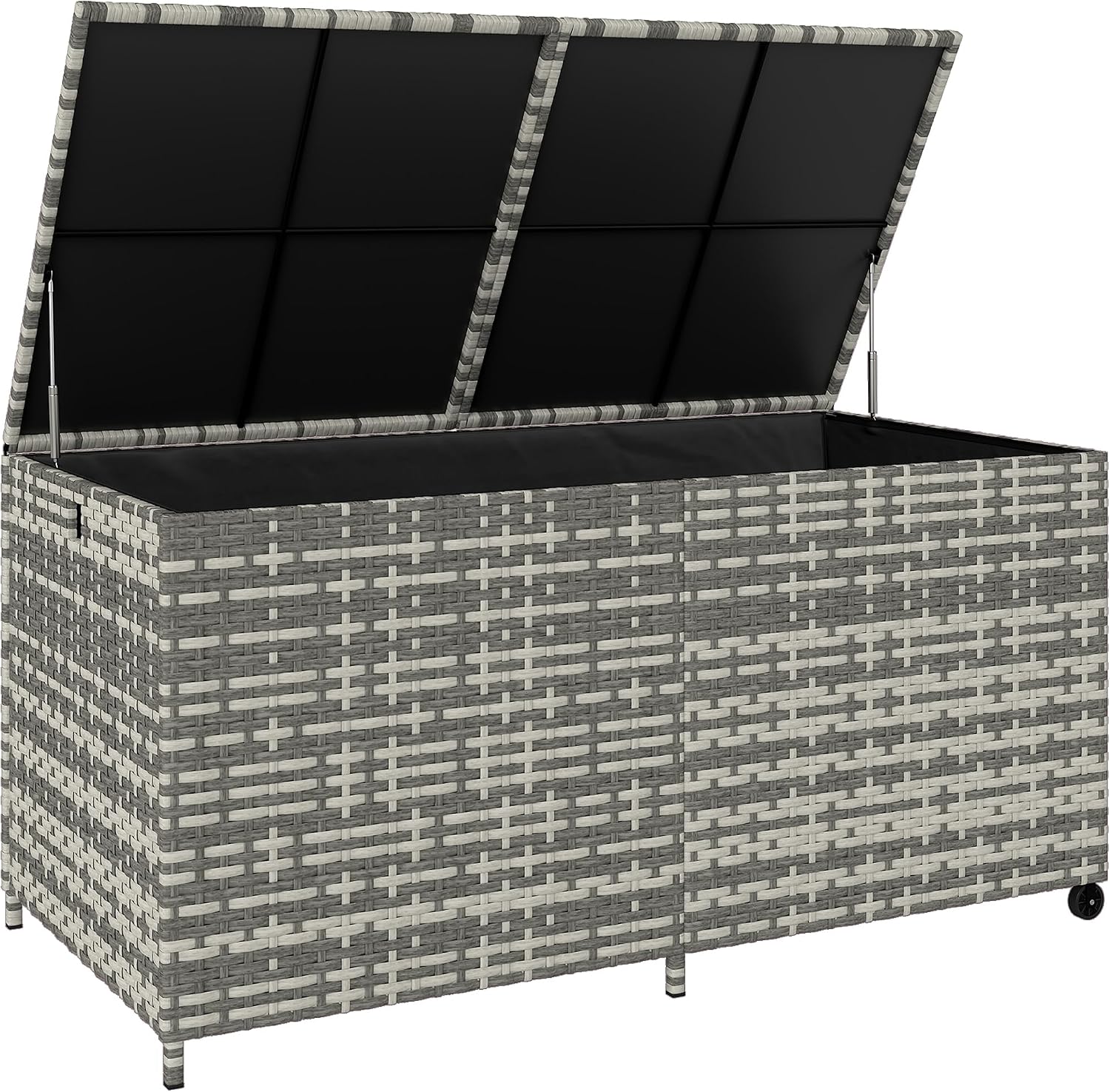 Outsunny 650L Extra Large Garden Storage Box with 2 Wheels, Rattan Deck Box with Waterproof Zipped Liner, Safe Pneumatic Rods, Patio Rattan Storage Container for Backyard Gardening Tools, Mixed Grey