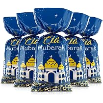 Ramadan Eid Mubarak Gift Bags With Twist Ties,100 Pcs Blue Gold Eid Party Cellophane Treat Bags Castle Moon Star Goodie Cookie Bags For Muslim Islam Eid Iftar Corban Festival Party Favor