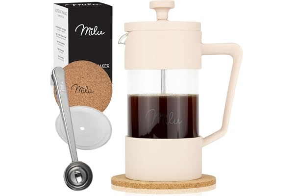 Milu cafetiere a piston presse à café | 350ml, 600ml, 1L | french press verre, Ensemble comprenant un sous-verre, une cuillère, un filtre de rechange supplémentair (Beige, 350ml (2 tasses)