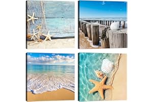 LuxHomeDecor Quadri spiaggia mare 4 pezzi 30x30 cm Stampa su Tela con Telaio in Legno Arredamento Arte Arredo Moderno
