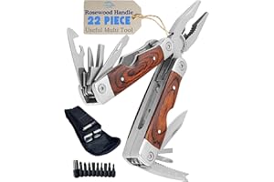 THE PURE BLUE Rosewood Multi Tool, 22 in 1 Tools, Tough Multitool Belt Pouch, Needle & General Pliers, Screwdrivers - Phillips & Flathead, 10 Piece Bit Set, File, 2 Inch Rule, Can Opener, Bottle Opener
