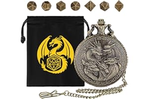 DND DADO Mini DND Dice Set with Retro Five Dragon Heads Pocket Watch Shell Case, DND Starter Set, 7pcs Polyhedral Metal Dice Set, D&D Gifts with Gift Bag, Role Playing Board Game Accessories, Bronze