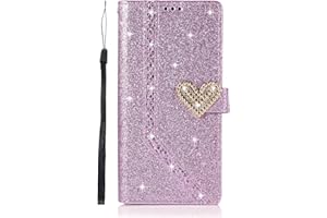 TUUNKMUY für iPhone 15 Pro Hülle, Für iPhone 15 Pro Handyhülle Glitzer Diamant Herz Blume Flip Case Book PU Leder Cover Magnet Schutzhülle Ständer Handytasche für iPhone 15 Pro lila