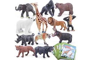 SIENON 12pcs Safari Animals Figure Toys with Flash Cards, Realistic 3.5” Plastic Wild Zoo Jungle Figurines with Elephant Lion Giraffe Bear Gorilla for Kids Educational Playset Party Favors