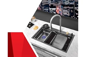 SKYPOS POINT OF SALE SYSTEMS Évier de cuisine intelligent à double seau Robinet cascade en acier inoxydable avec rondelles de robinet amovibles planche à découper 2 paniers pour légumes distributeur de savon 75 x 45 x 23 cm