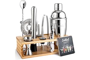 EOCOLZ Zestaw do robienia koktajli ze stali nierdzewnej, 750 ml, zestaw barmański z bambusowym stojakiem do domu i baru