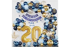YFKJEU Decoration Anniversaire 20 Ans, Arche Ballon Anniversaire, Ballons Anniversaire 20 Ans Bleu Or Deco, Deco Anniversaire 20 Ans, Bannière Joyeux Anniversaire, Ballon 20 Ans pour 20 ans Femme Homme