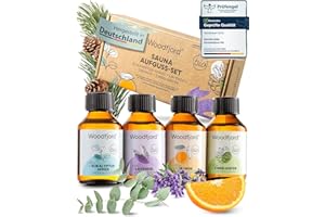 ‎WOODFJORD WOODFJORD Saunaaufguss Set BIO Klassik I 4 verschiedene Saunadüfte und -Öle, je 100 ml I Premium Sauna Aufgussmittel Set für authentische Saunaerlebnisse I Das perfekte Saunaduft Probierset