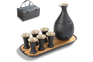 Juego de sake japonés tradicional TEANAGOO, jarra de sake (170 ml) con 6 tazas de sake (25 ml) para licor de soju japonés caliente o frío con juego de bandejas de bambú para servir 10 piezas/juego